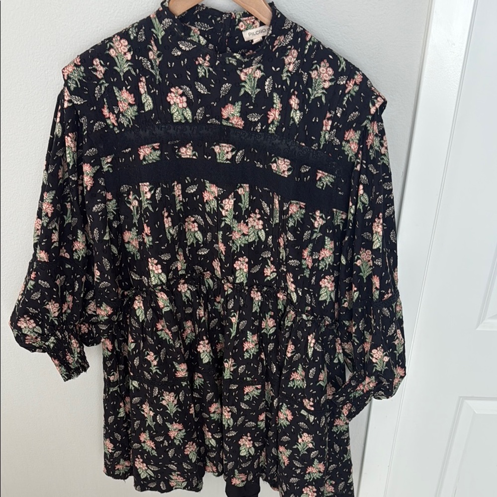 Anthropologie Black Long Sleeve Mock Neck Floral and Lace Detailed Dress